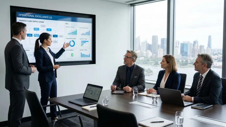 Lean Six Sigma consulting Australia engagement with senior executives reviewing operational data in a boardroom