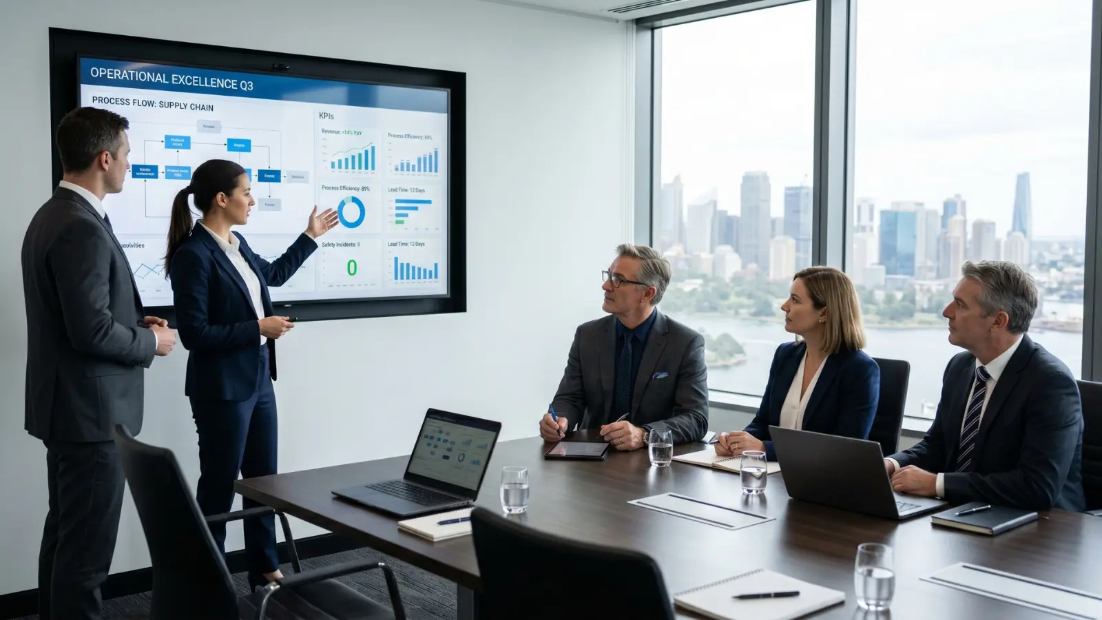 Lean Six Sigma consulting Australia engagement with senior executives reviewing operational data in a boardroom