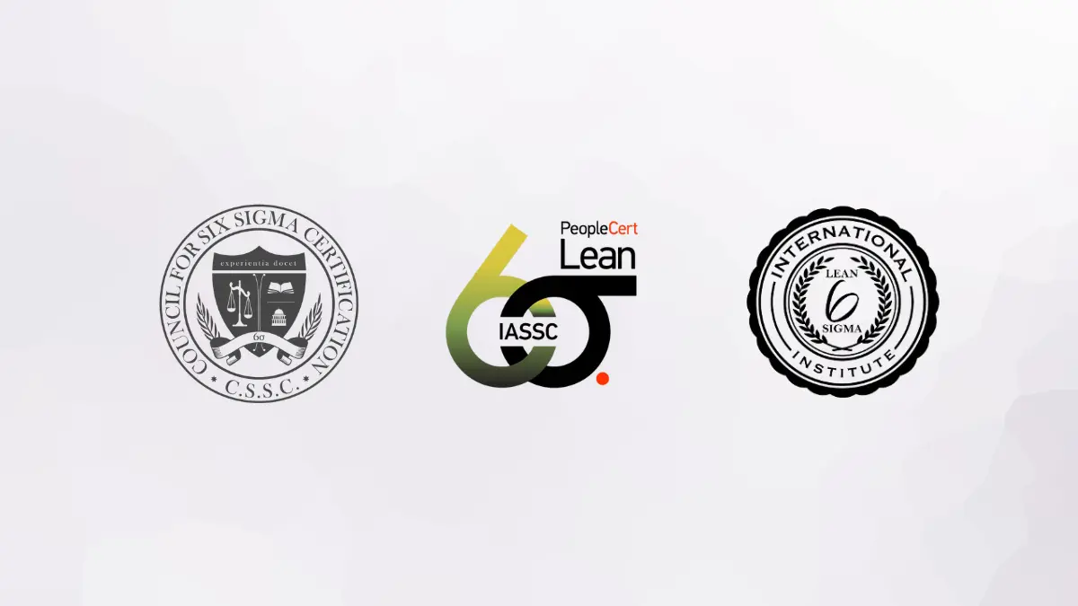 Logos of CSSC, ILSSI, and PeopleCert IASSC, the three bodies behind any Lean Six Sigma credential Australian buyers encounter
