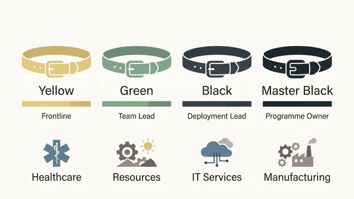 Belt-level career path mapping Yellow, Green, Black, and Master Black Belt to Australian sectors