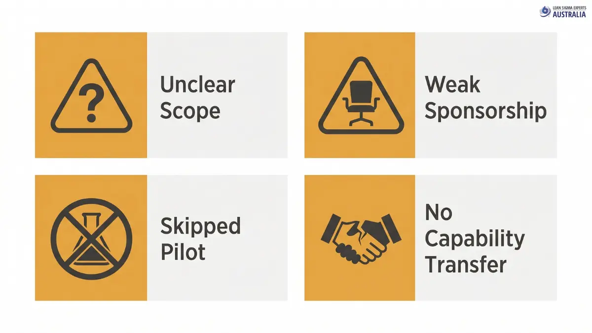 Four-quadrant visual showing common engagement failure modes: scope drift, weak executive sponsorship, skipped pilots, and unclear handover