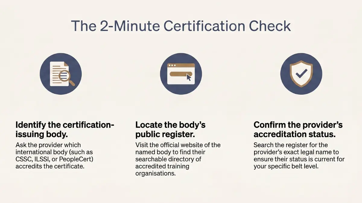 Three-step workflow to verify a lean six sigma certification australia provider on a public accreditation register